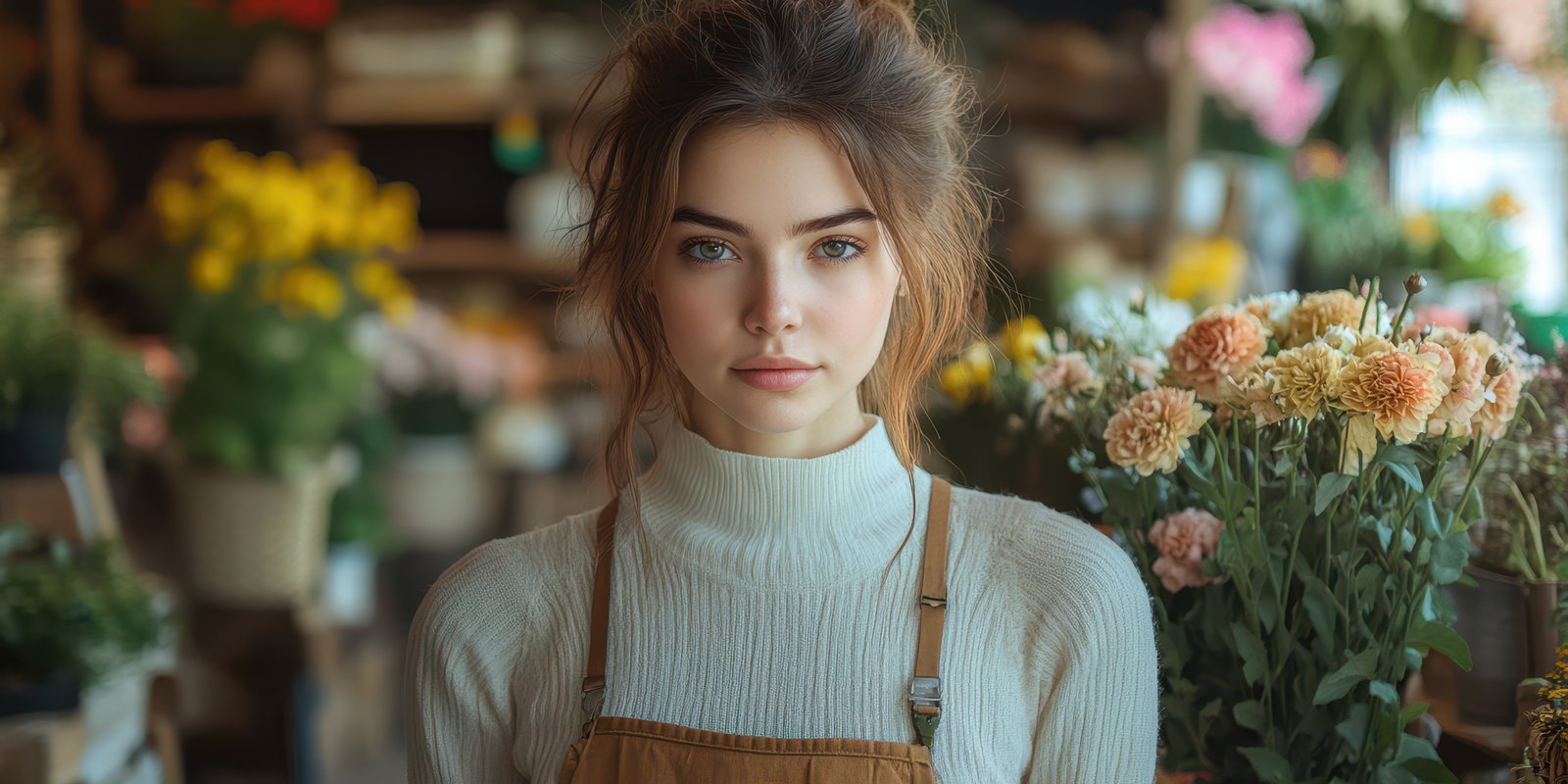 Young woman surrounded by blooming flowers in a vibrant flower shop during daylight hours